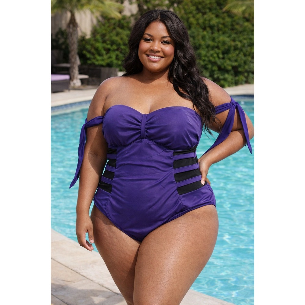 Venus Purple One Piece Swimsuit Mesh‎ Cutout Tie Shoulder Straps Plus Size 20